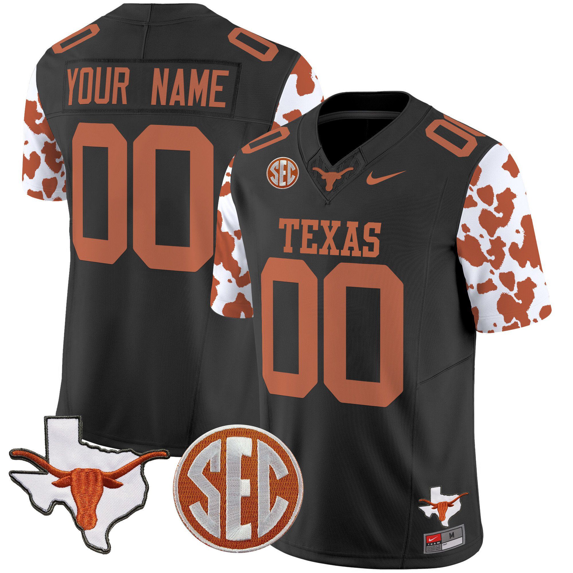 Men Texas Longhorns Black 2024 Nike Cow Spots Vapor Limited Custom NCAA Jersey